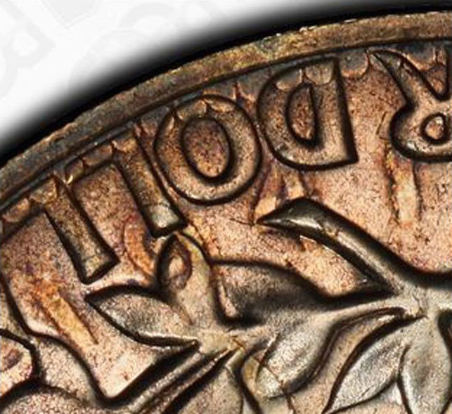 1970-S proof quarter overstruck on Canadian coin showing ghost of original Canadian design visible beneath Washington quarter strike