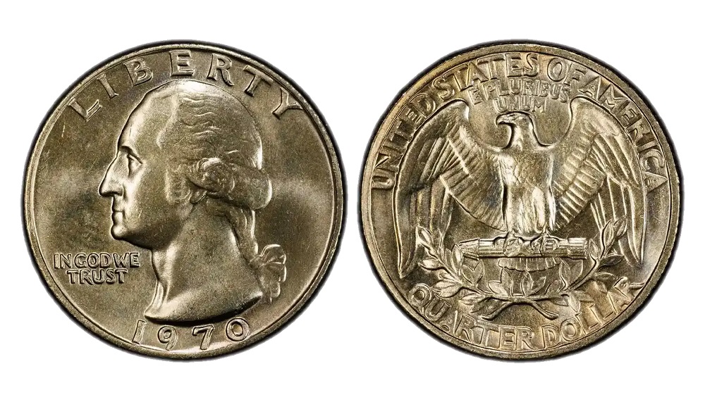 Group of 1970 quarters showing Philadelphia no-mark, Denver D, and San Francisco proof varieties side by side
