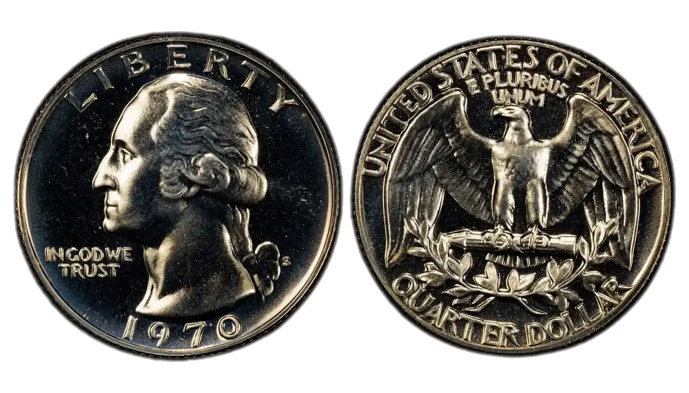1970 quarter grading strip showing four condition tiers from worn Good through Fine, About Uncirculated, and Mint State